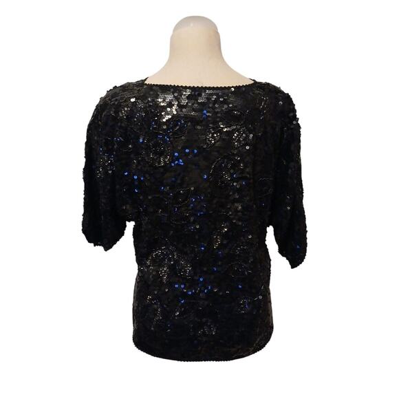 Exotic Formal Beaded Sequin Top L Black Short Sleeve NY Party Christmas Holiday - Picture 3 of 17